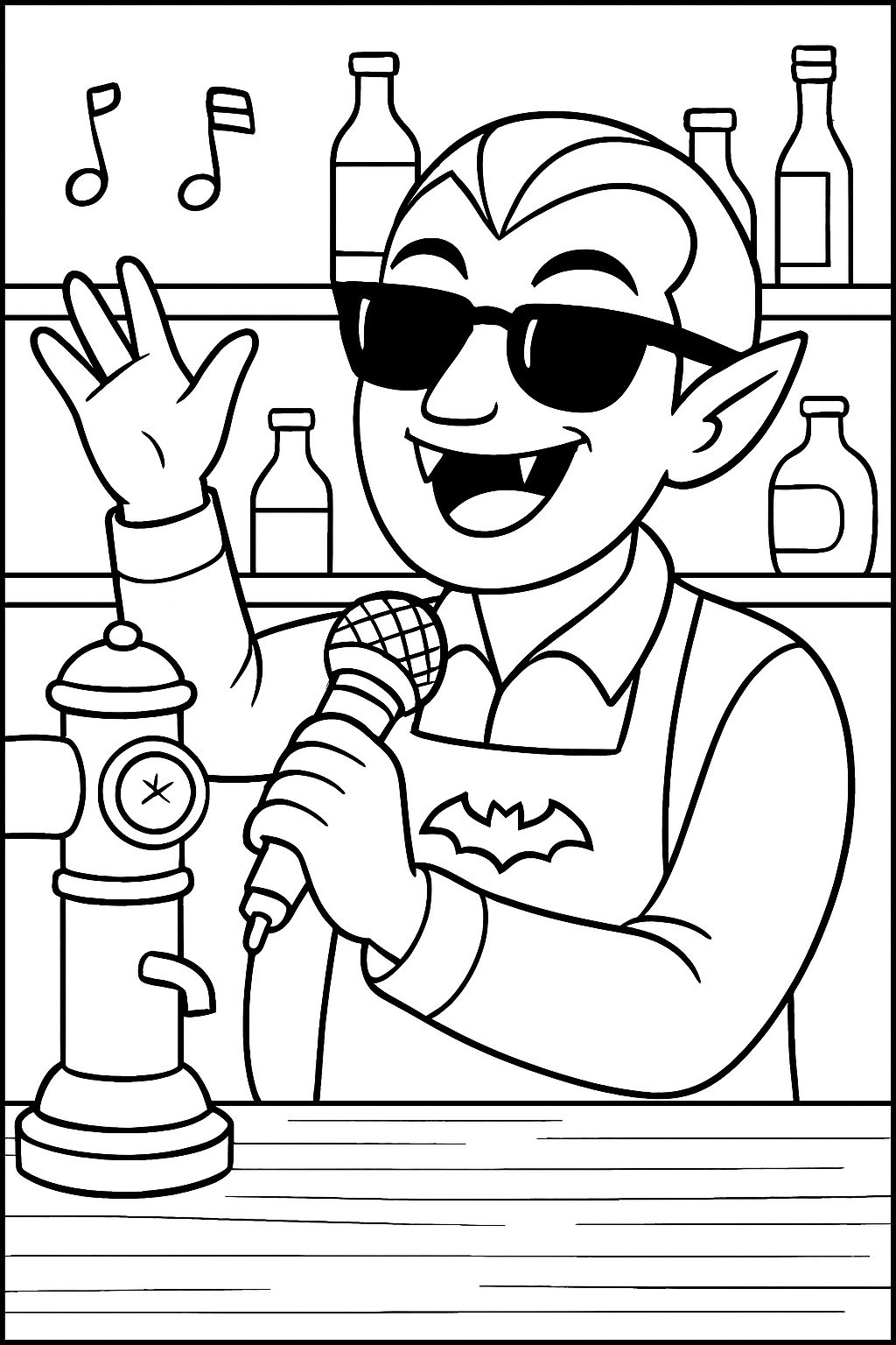 Cheerful Vampire Singing at Bar Scene Coloring Book Page