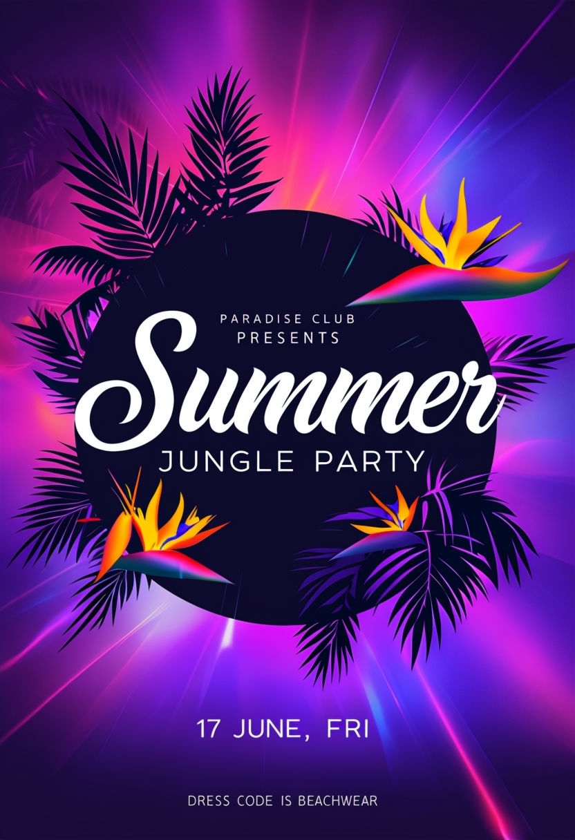 Vibrant Summer Jungle Party Poster with Tropical Elements Flyer