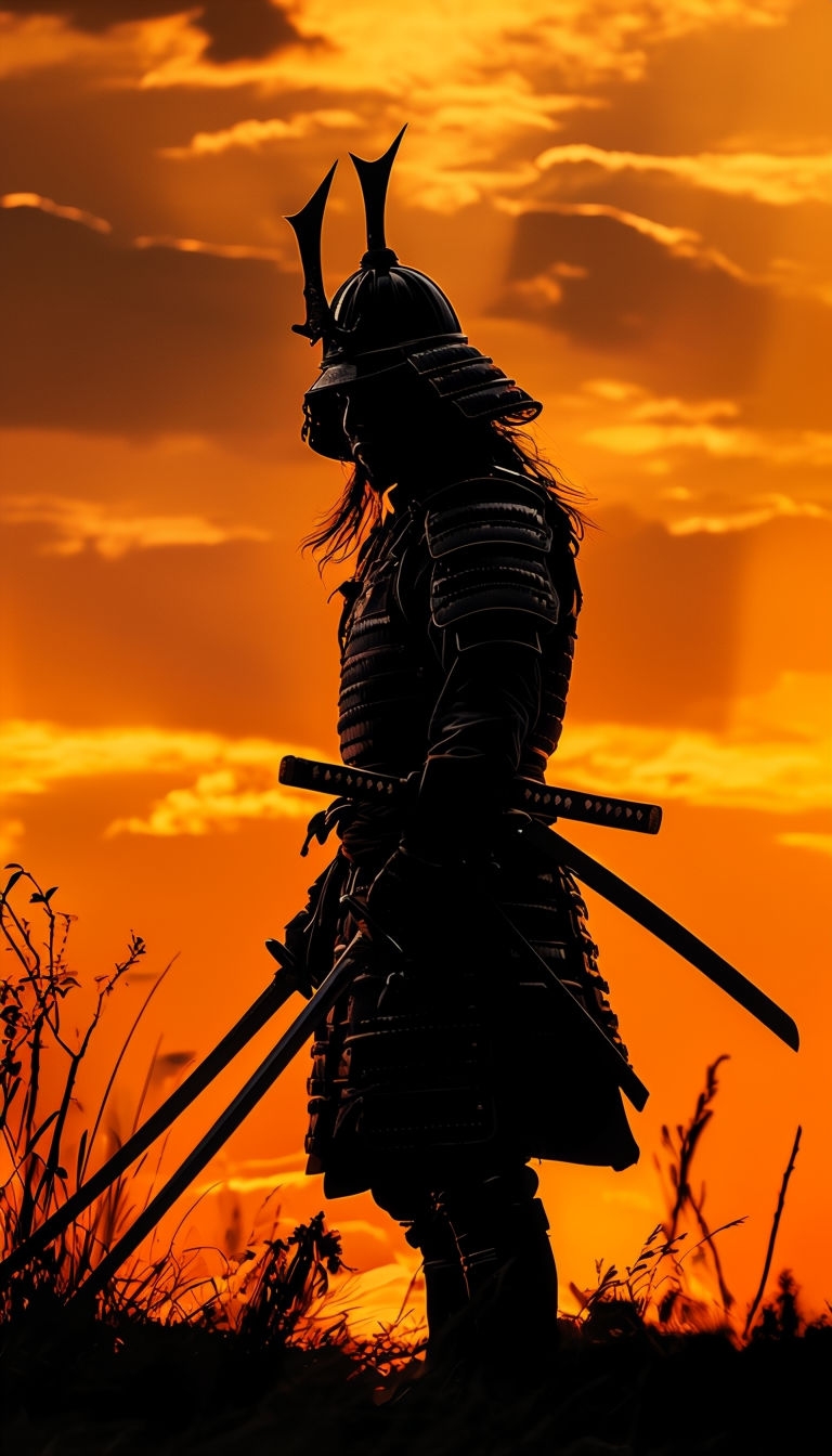 Dramatic Samurai Silhouette Against Fiery Orange Sky Phone Case Cover
