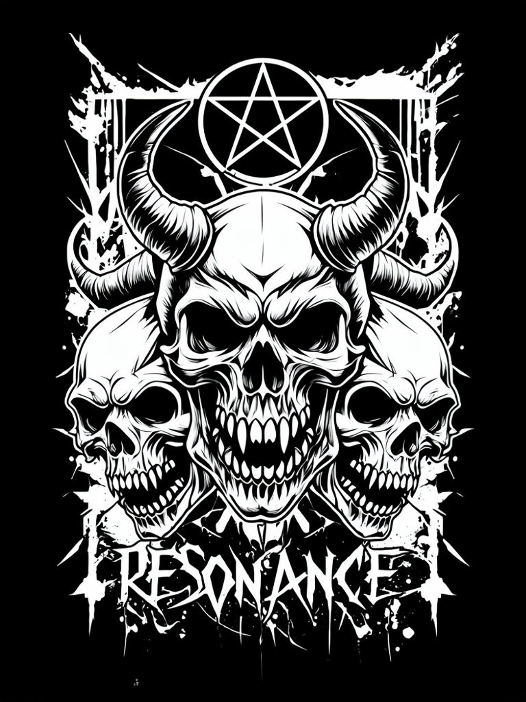 Menacing Skull Stack with Pentagram and Resonance Text T-Shirt