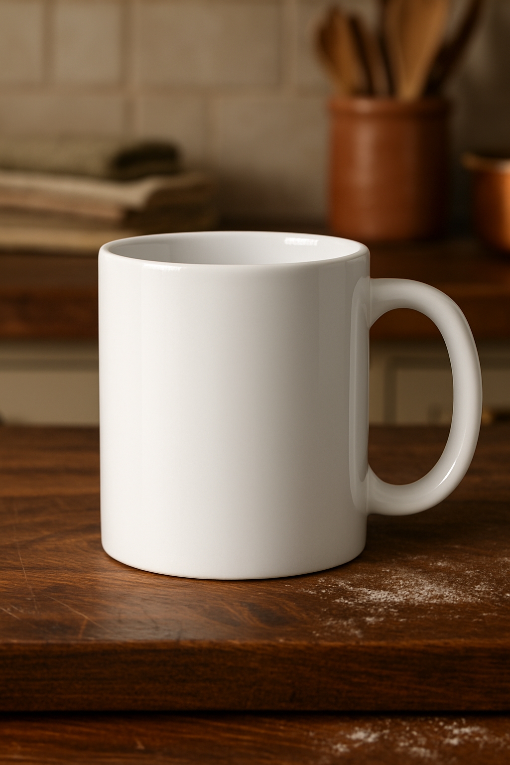 Minimalist White Ceramic Mug on Wooden Countertop Mockup