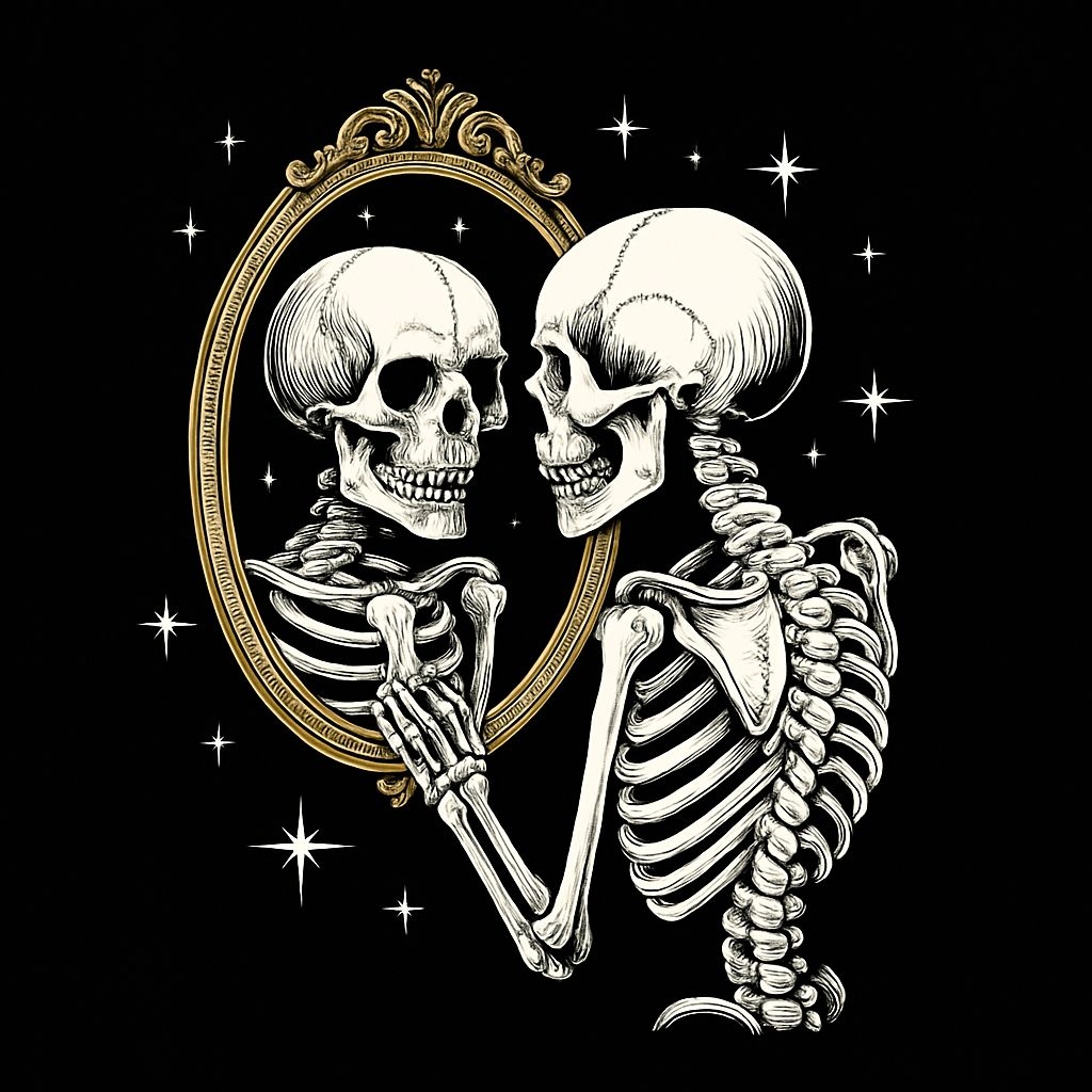 Gothic Skeleton Reflection in Ornate Mirror T-Shirt
