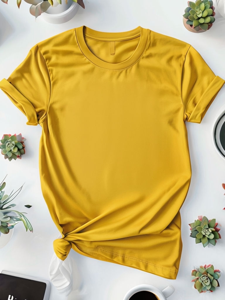 Mustard Yellow T-Shirt Mockup with Lifestyle Accents Mockup