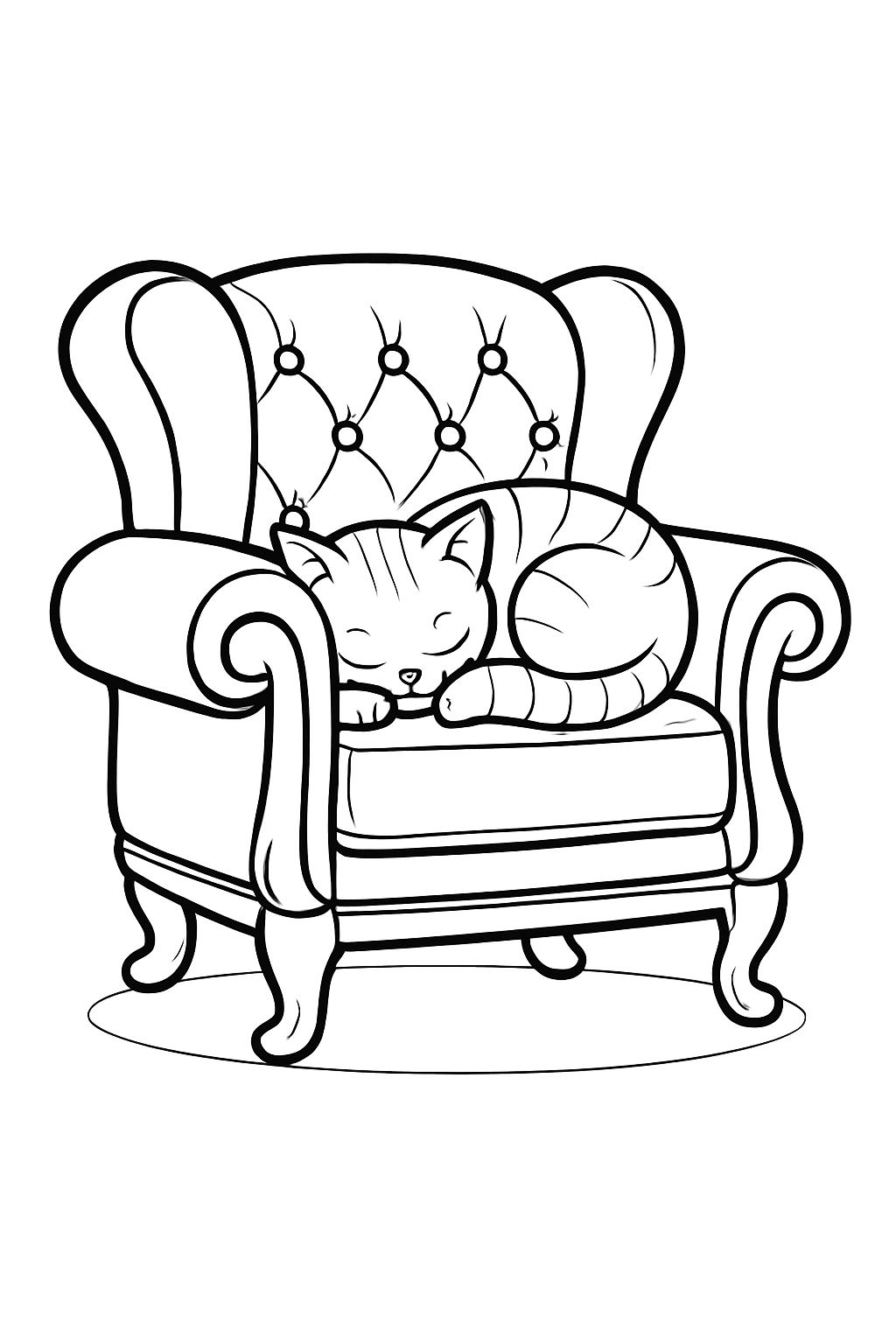 Ornate Tufted Armchair with Sleeping Cat Line Drawing Coloring Book Pages