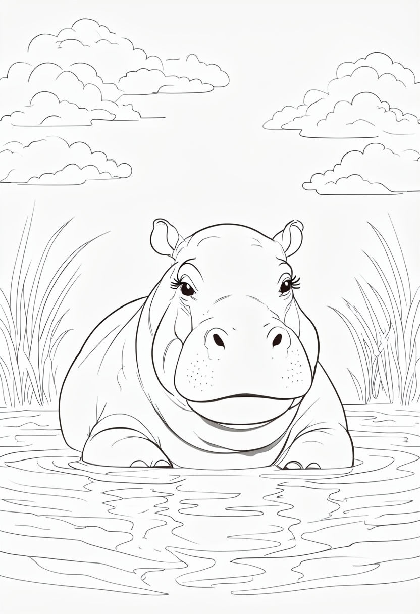 Adorable Baby Hippopotamus in Water for Coloring Book Pages