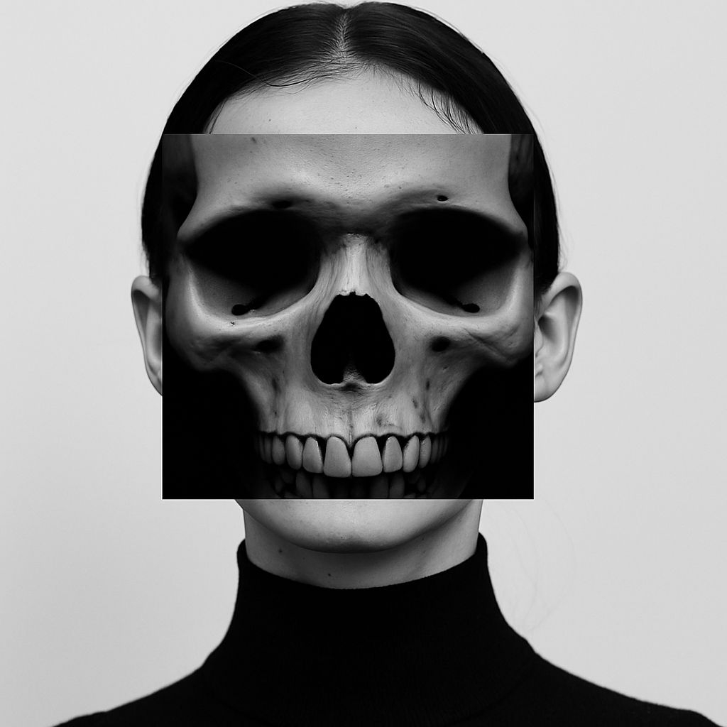 Eerie Skull Overlay on Black-and-White Portrait T-Shirt