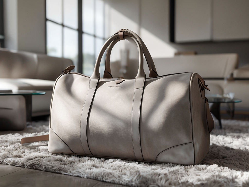 Stylish Suede Weekend Duffel Bag Overhead Mockup in Modern Living Room