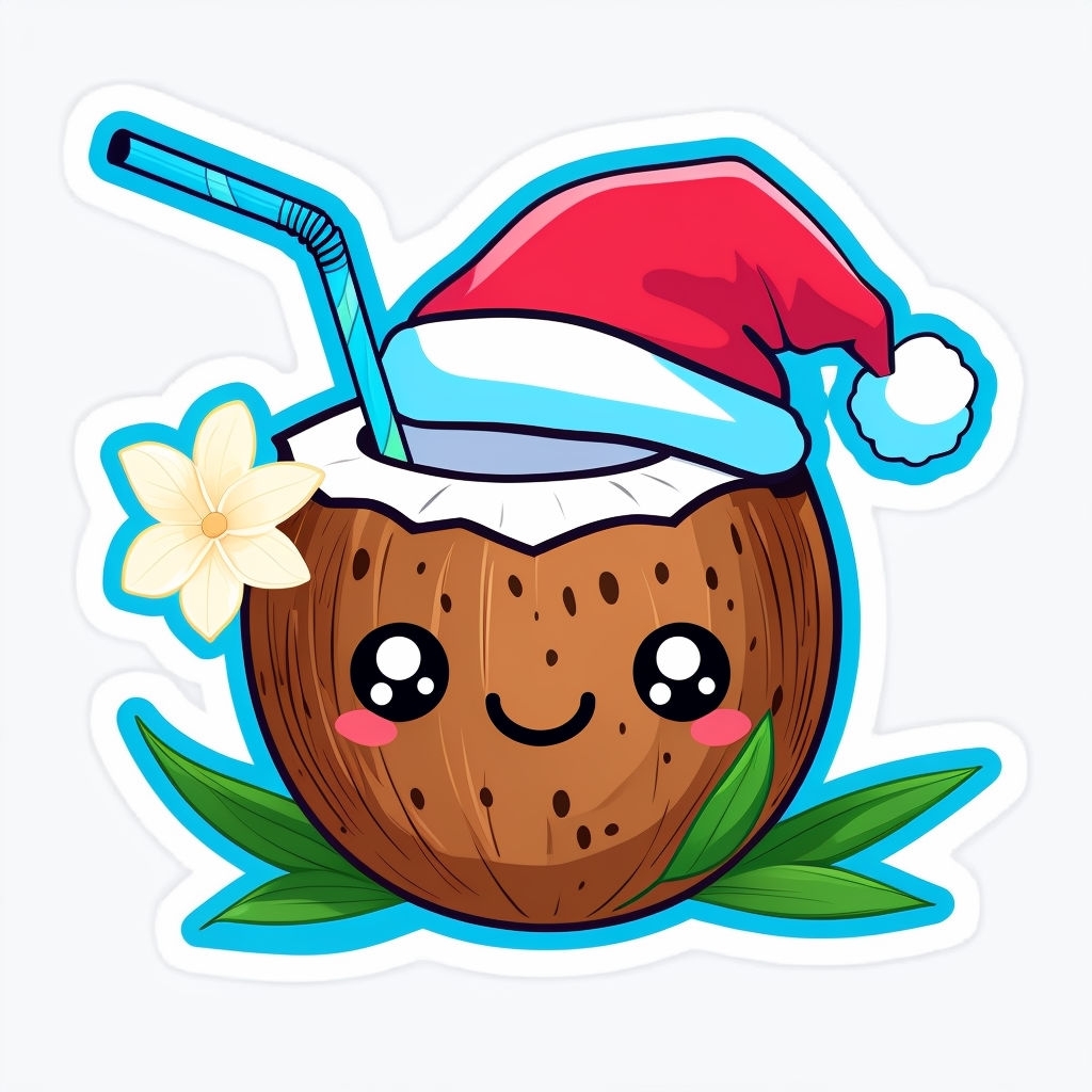 Cute Cartoon Coconut Character with Santa Hat Sticker