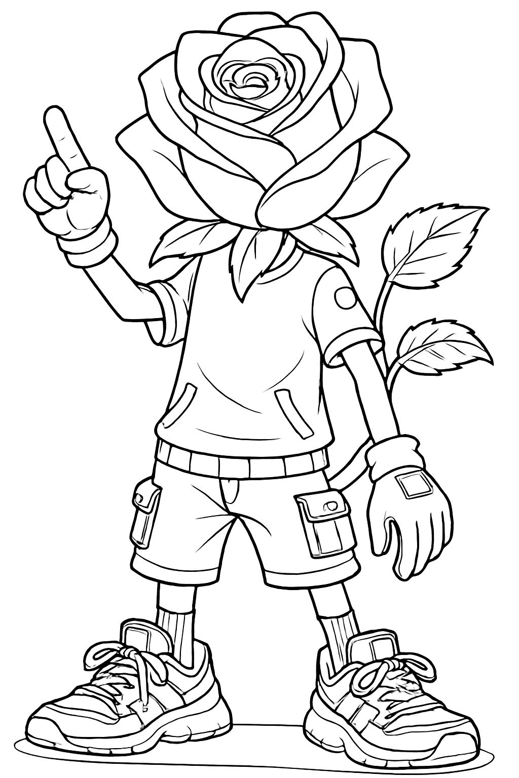 Whimsical Cartoon Character with Rose Head Line Drawing Coloring Book Pages