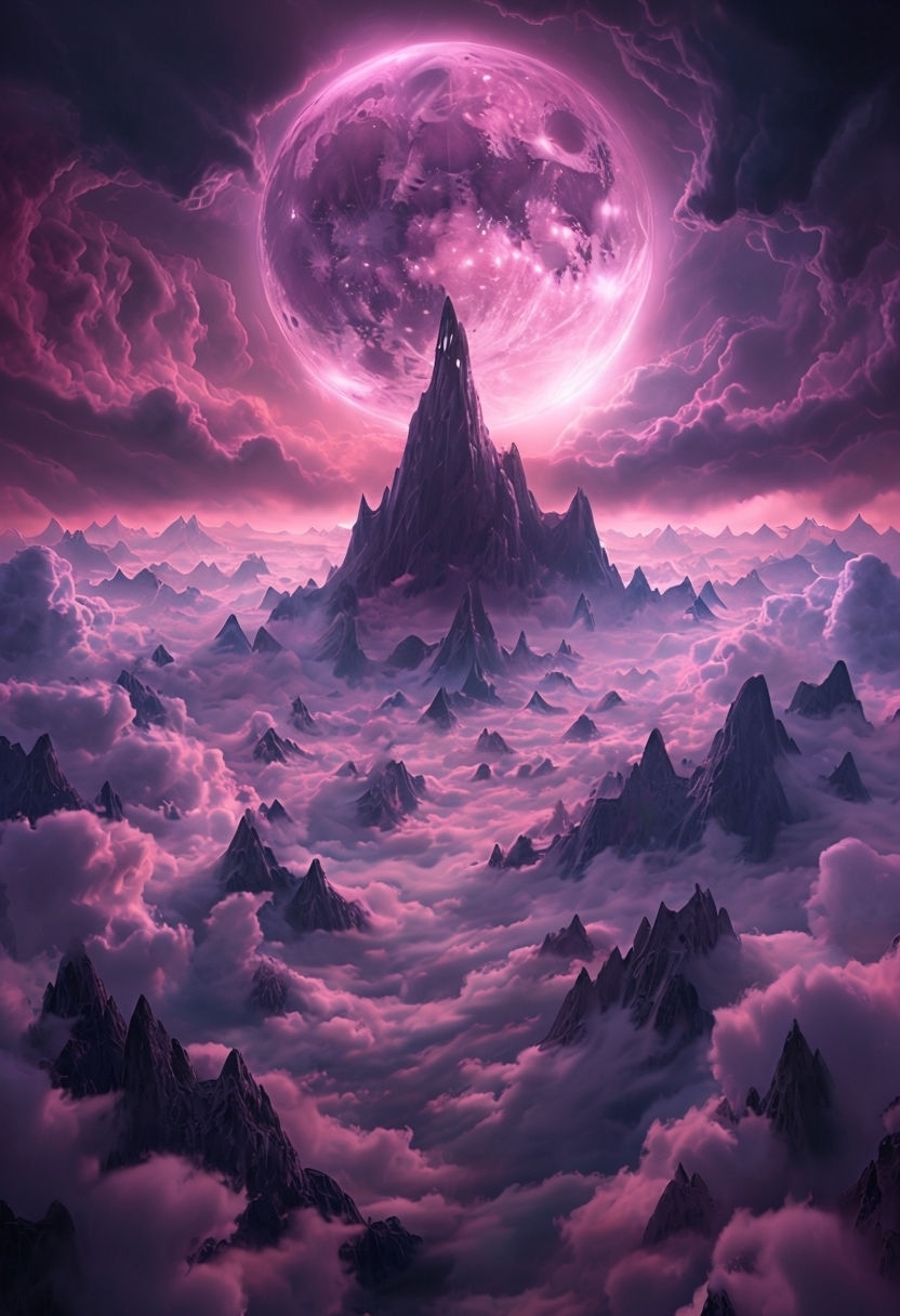 Surreal Dark Fantasy Landscape with Glowing Pink Moon Art