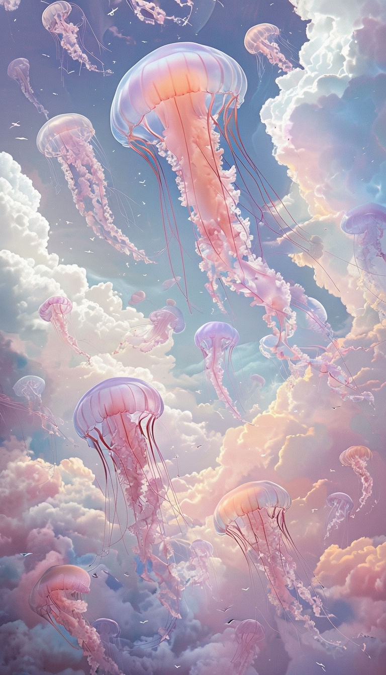 Translucent Jellyfish Floating in Pastel Sky Digital Artwork Mobile Wallpaper