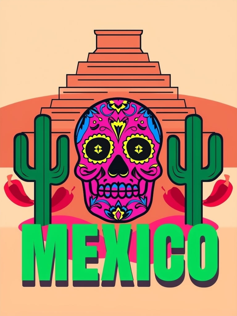 Vibrant Hand-Drawn Cultural Symbols of Mexico Poster