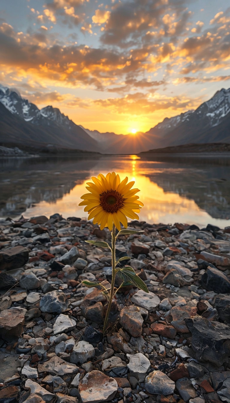 Serene Sunset Landscape with Sunflower and Reflective Water Mobile Wallpaper