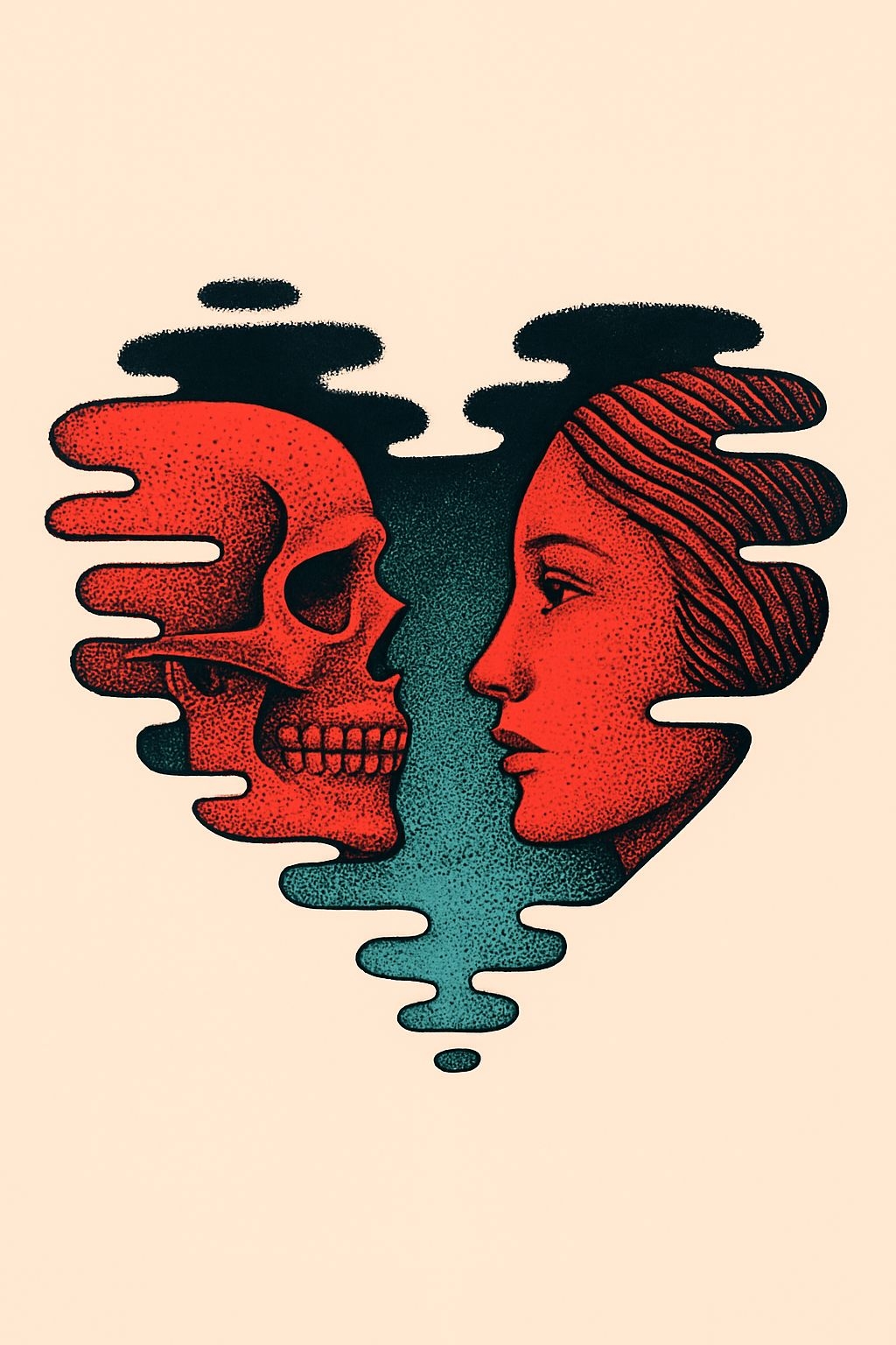 Surreal Heart Shaped Faces Skull and Woman T-Shirt