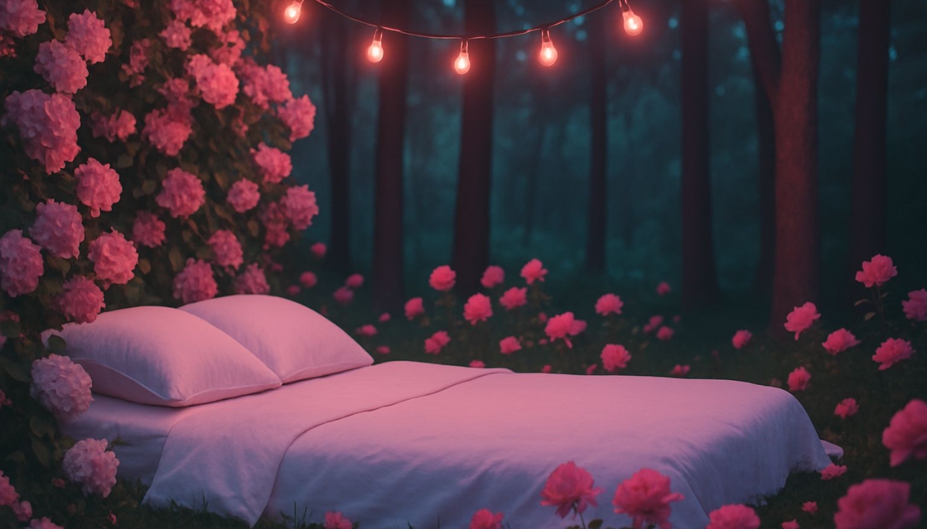 Romantic Twilight Forest Bed Setup with String Lights Background