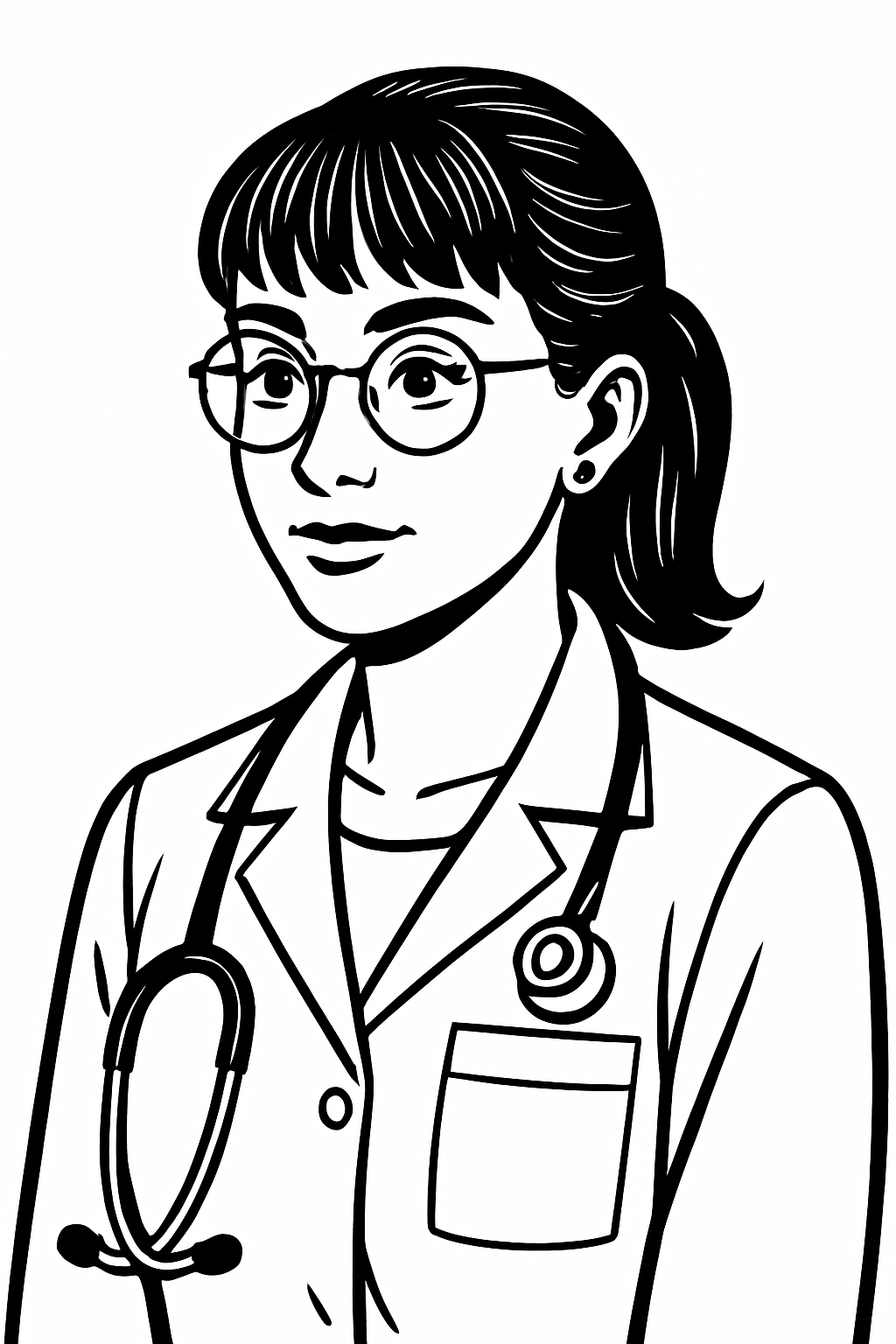 Professional Female Doctor Line Drawing for Coloring Book Pages