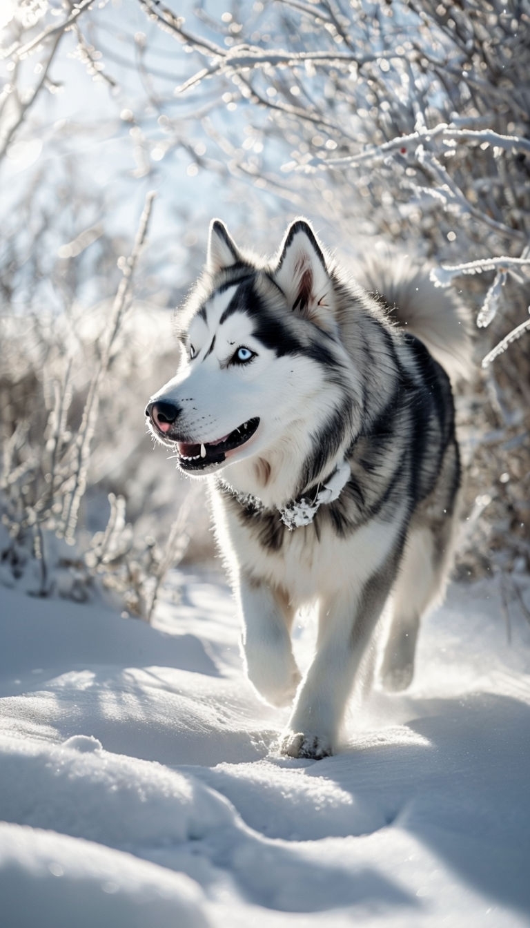 Striking Husky Dog Walking in Snowy Winter Landscape Mobile Wallpaper