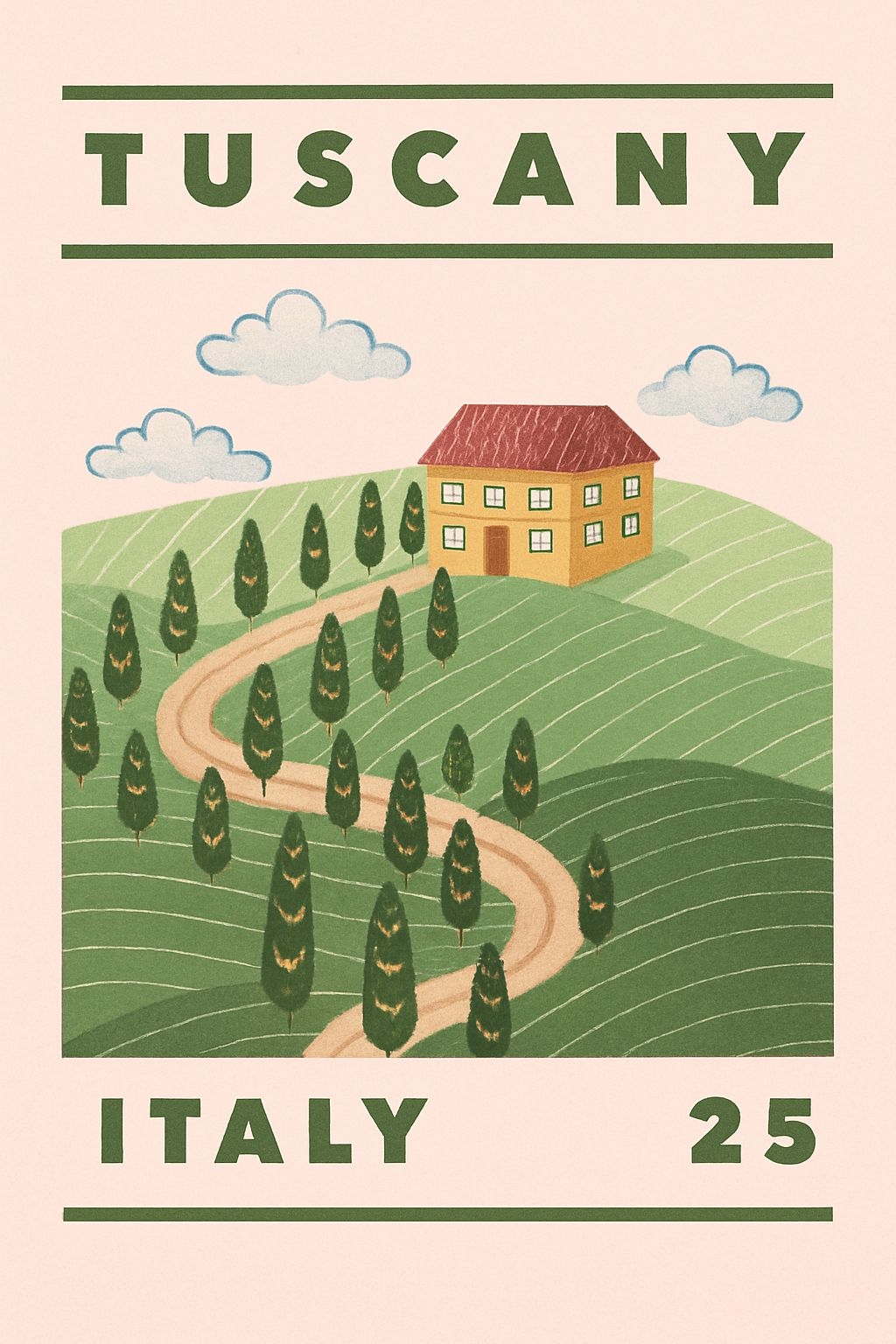 Vintage Tuscan Landscape Illustration with Charming House Poster