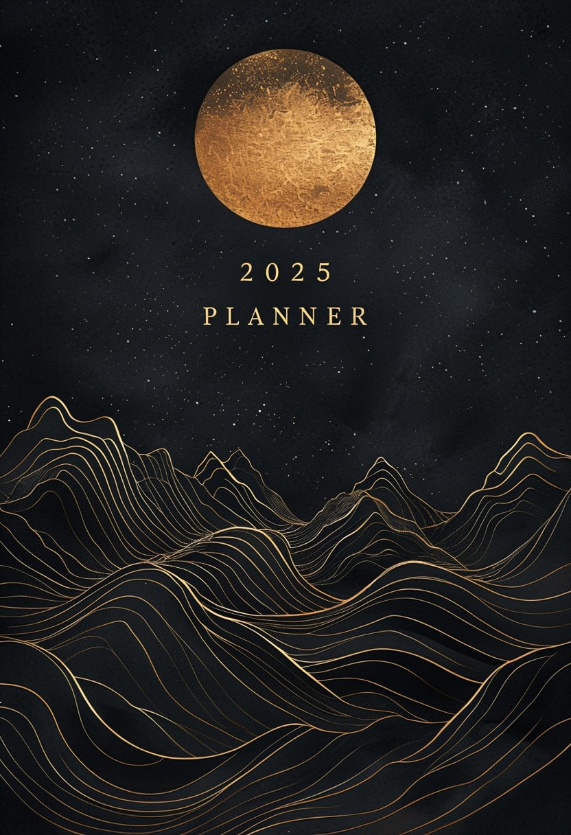 Elegant Gold Moon and Mountain 2025 Planner EBook Cover