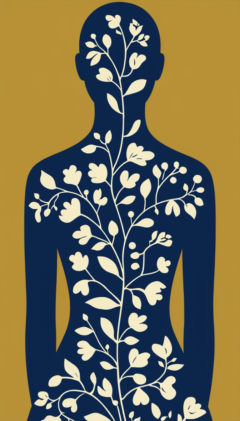 Stylized Navy Blue Silhouette with Cream Floral Vine Mobile Wallpaper