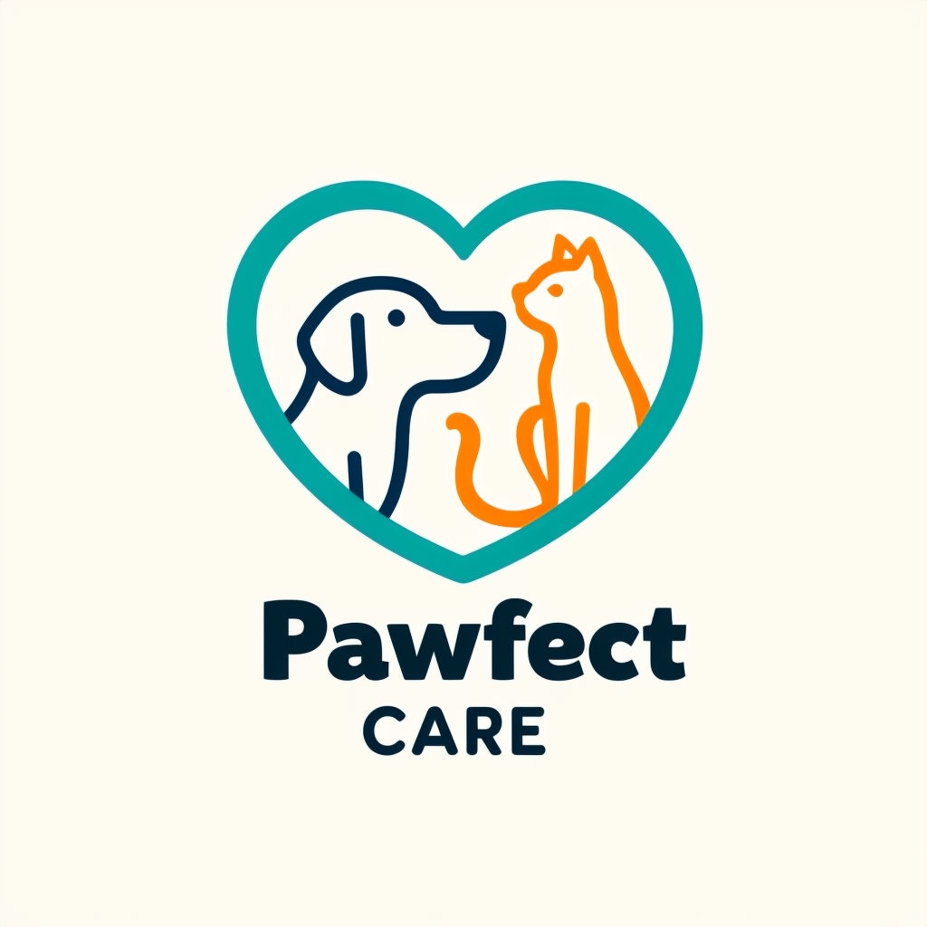 Minimalist Teal Heart Logo Design with Dog and Cat Silhouettes Logo