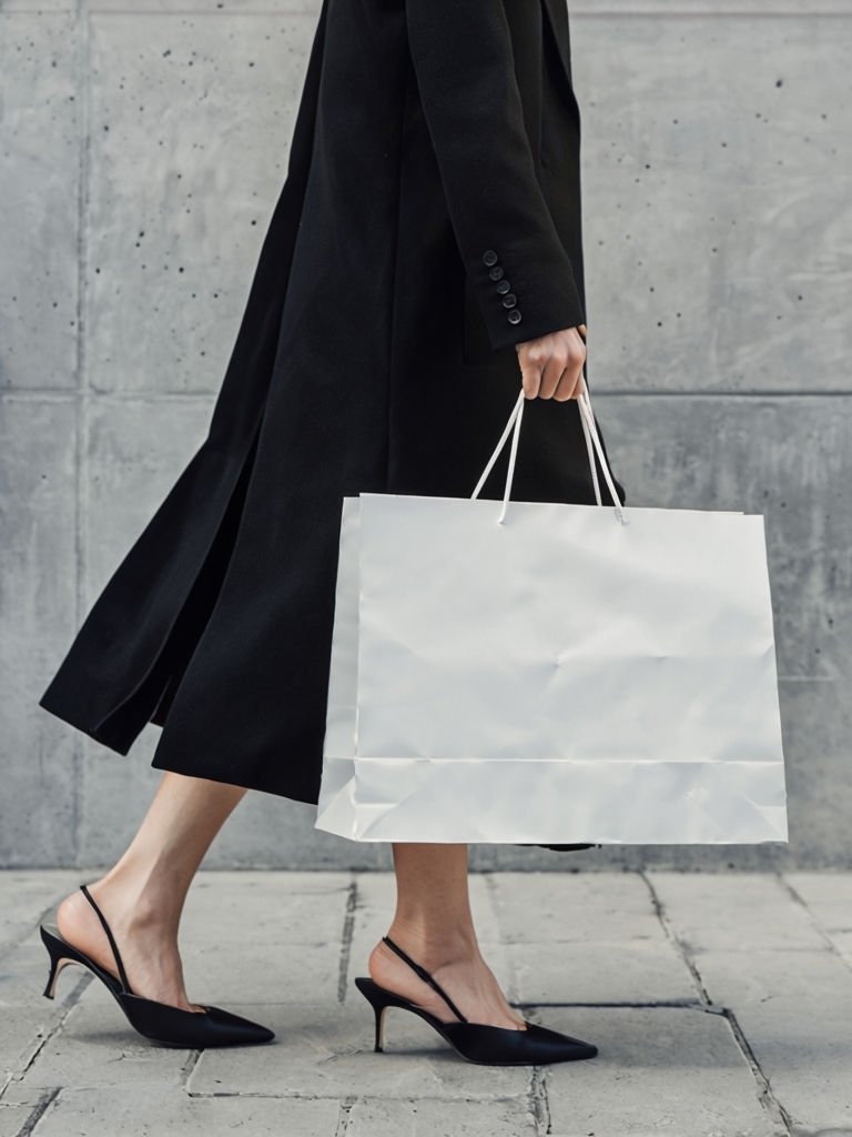 Elegant Black Coat Fashion Moment with Shopping Bag Mockup