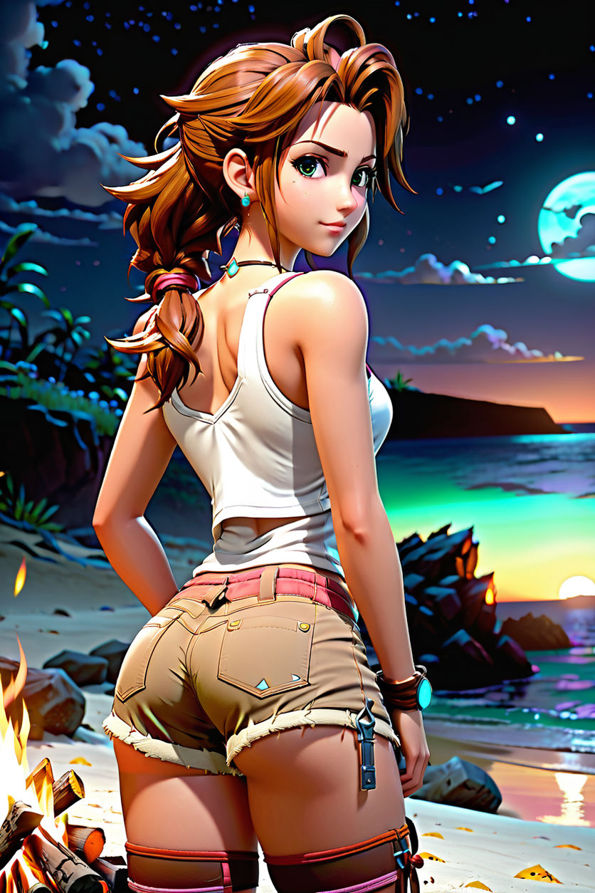 anime woman wearing black tight booty shorts and white string top shirt at  the beach detailed beautiful booty cheeks 4k detailed quality manga comic  movie scene Japanese Cartoon Art Styles Conceptual character