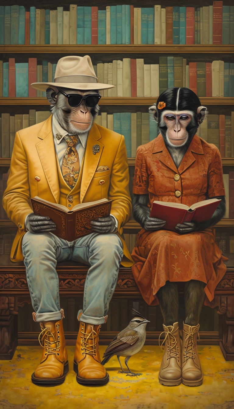 Charming Monkeys Reading in Library Scene Art for Relaxation