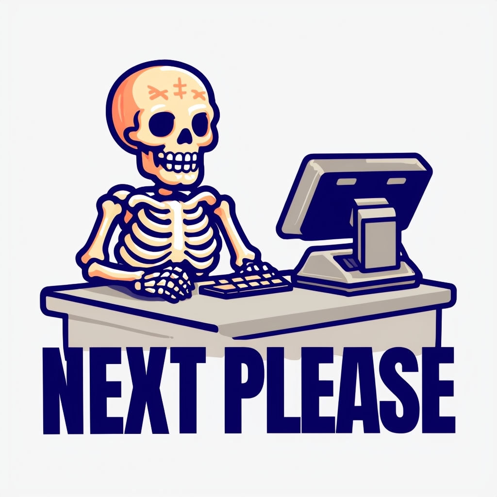 Humorous Cartoon Skeleton at Counter with Next Please Sign T-Shirt