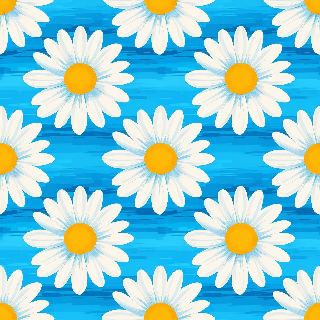 Vibrant Symmetrical Daisy Pattern with Blue Background Seamless Pattern