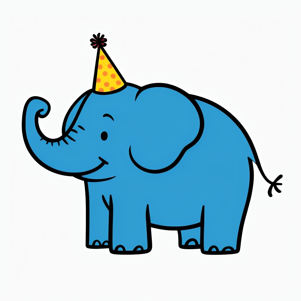 Happy Blue Elephant with Party Hat Cartoon T-Shirt