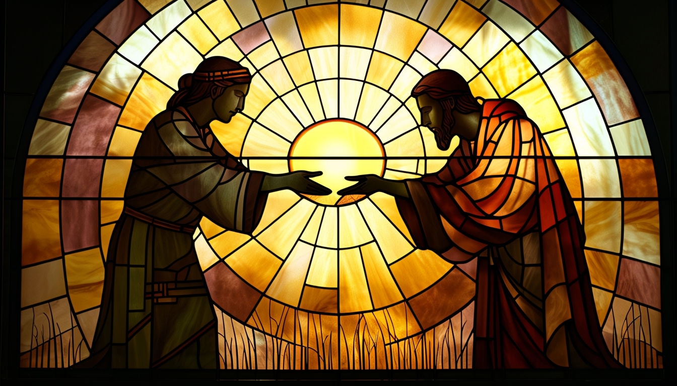 Heartfelt Stained Glass Art with Figures and Radiant Background Virtual Backgrounds