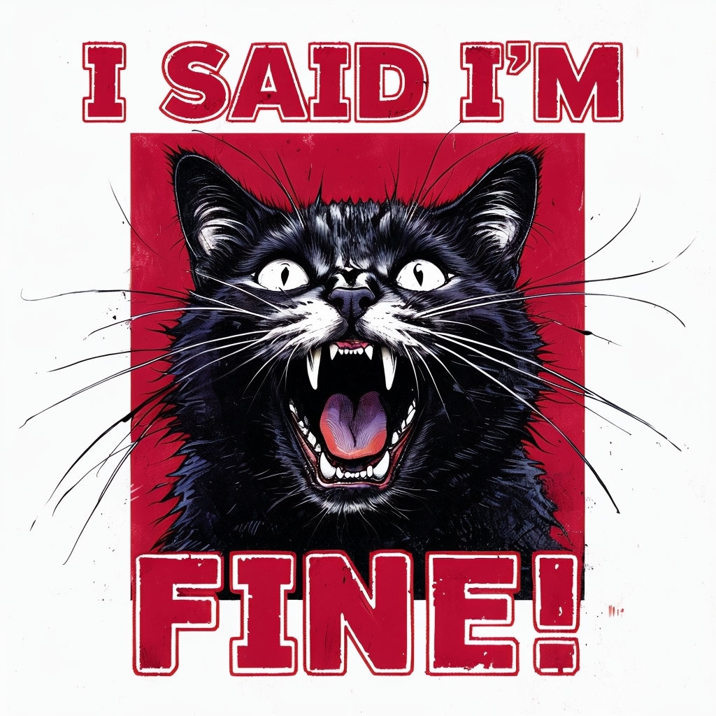 Distressed Black Cat Illustration with "I SAID I'M FINE!" Text Meme