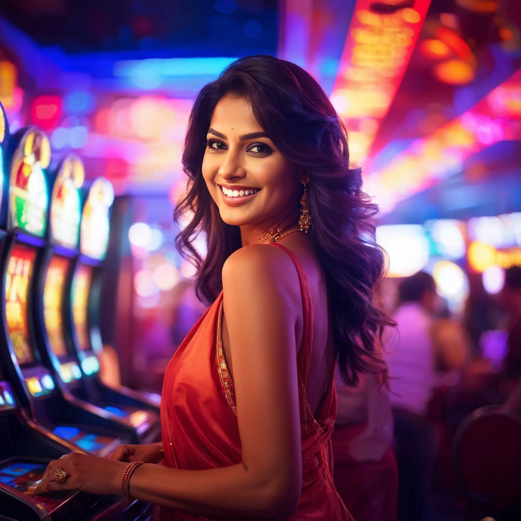 Indian woman with a warm, inviting smile, stands making her way through a bustling casino floor, brimming with the glow of slot machines and roulette tables, energetic, vibrant neon signs, soft focus in the background, captured in a digital painting, vivid colors, dramatic lighting