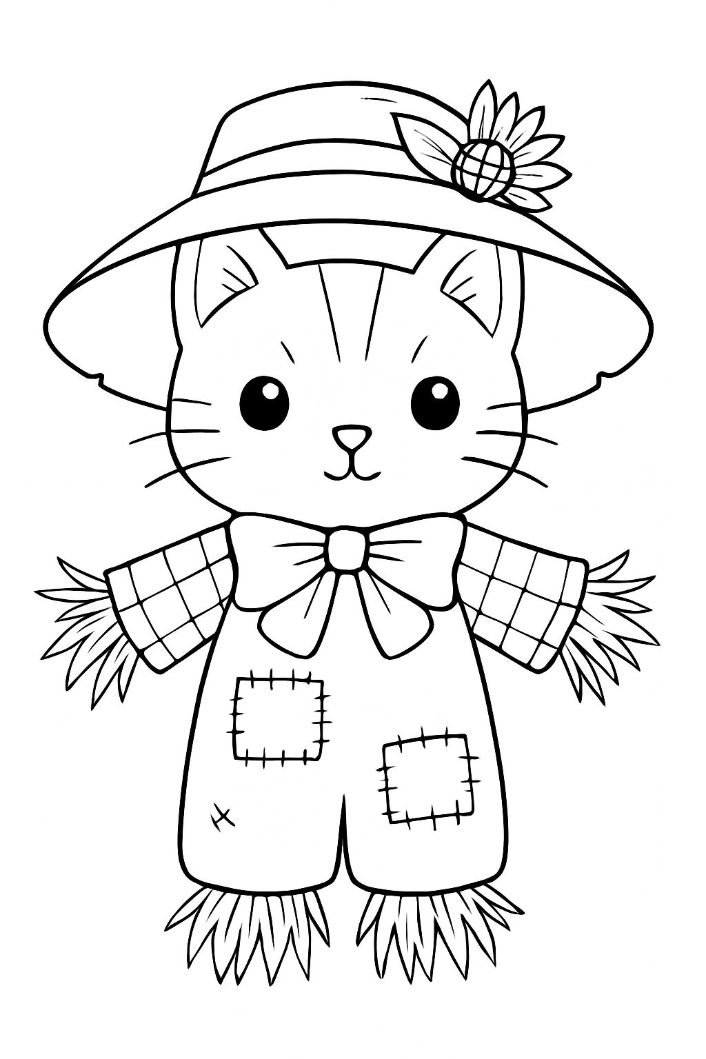 Cute Cartoon Cat Scarecrow Character Line Drawing Coloring Book Pages