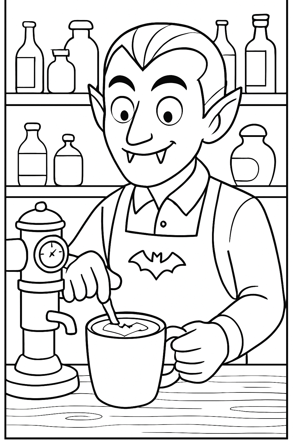 Cheerful Vampire Making Coffee Cartoon Line Art for Coloring Book Pages