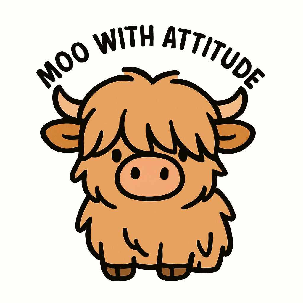 Cute Cartoon Highland Cow with MOO WITH ATTITUDE Sticker