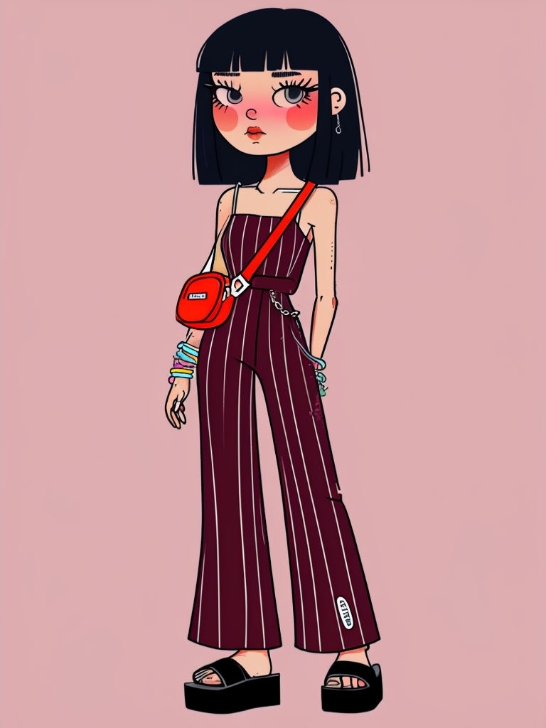 Young Woman Cartoon Character with Red Crossbody Bag and Colorful Accessories Art