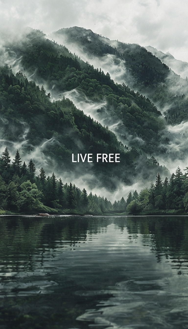Serene Mountain Landscape with Reflective Lake and LIVE FREE Quote Mobile Wallpaper