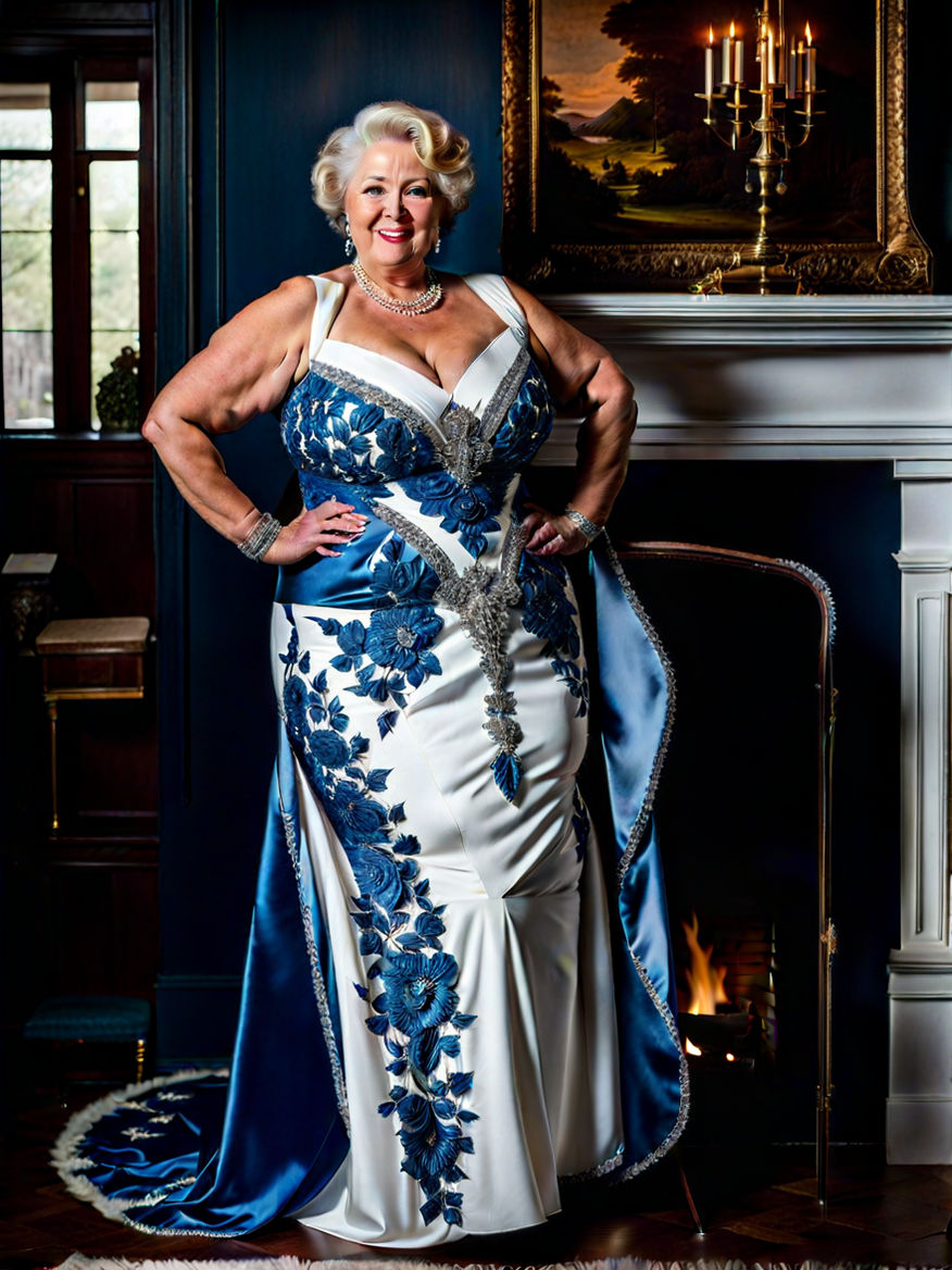 Wide angle- full length photo- Fat plump obese super 60 year old glamorous  pretty granny standing. Showing her flirty sexy side