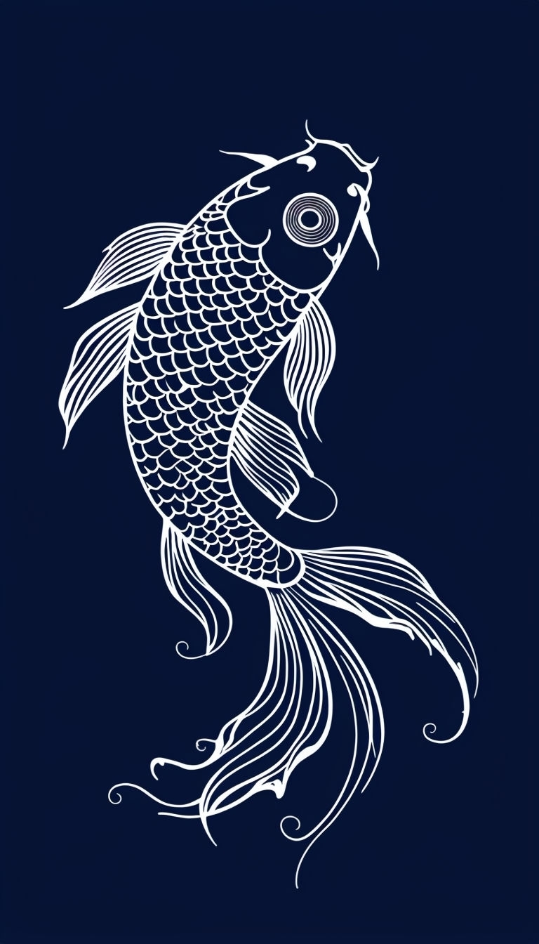Elegant White Line Art Koi Fish Illustration on Navy Background Phone Case Cover