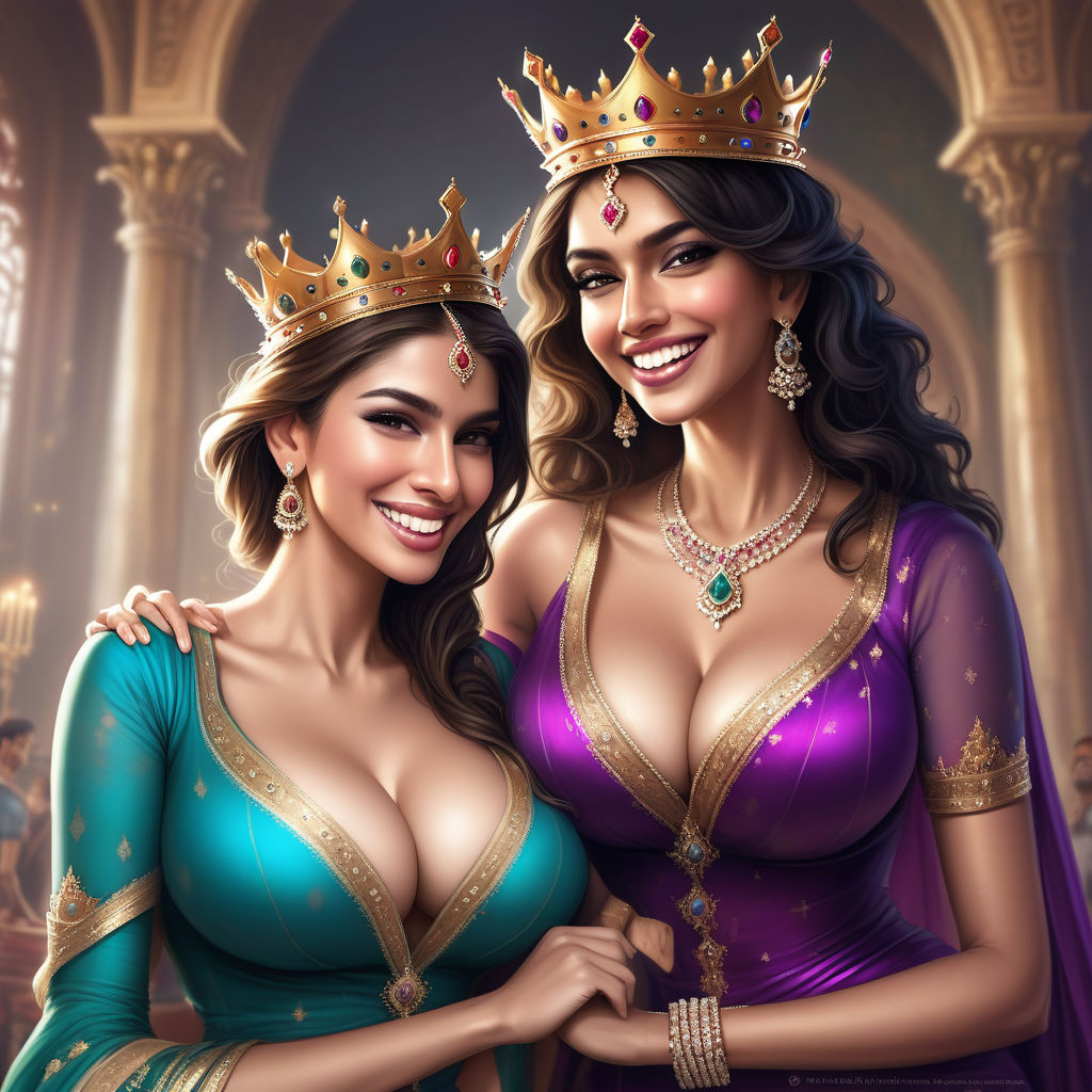 Create a compelling illustration of two Indian women showing their boobs