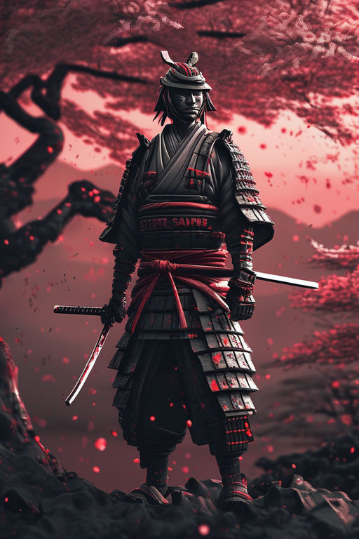 A samurai covered in blood and scars standing in a sunset ja... by ...