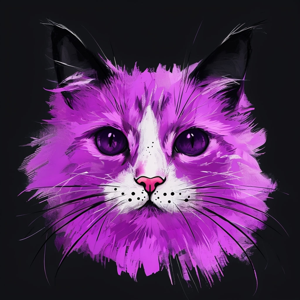 Vibrant Purple Cat Face Digital Art on Black Background Mug