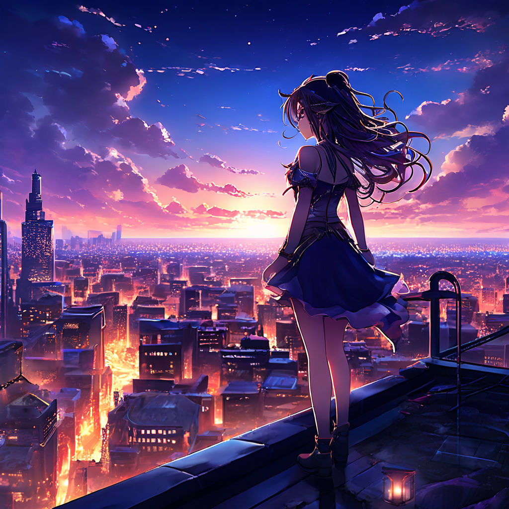 an anime girl standing on a rooftop overlooking a sprawling fantasy city  illuminated against the night sky