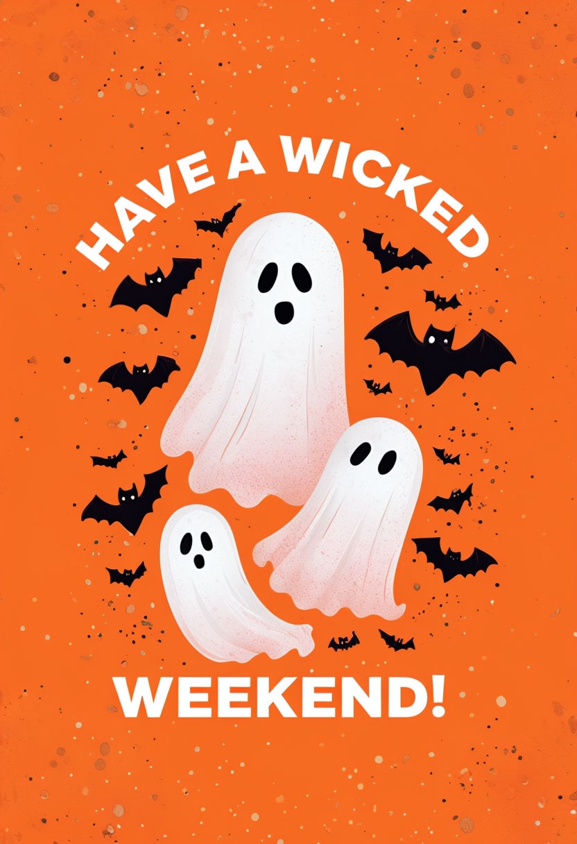 Playful Halloween Ghosts and Bats Graphic Design for Festive Weekend Social Media Post