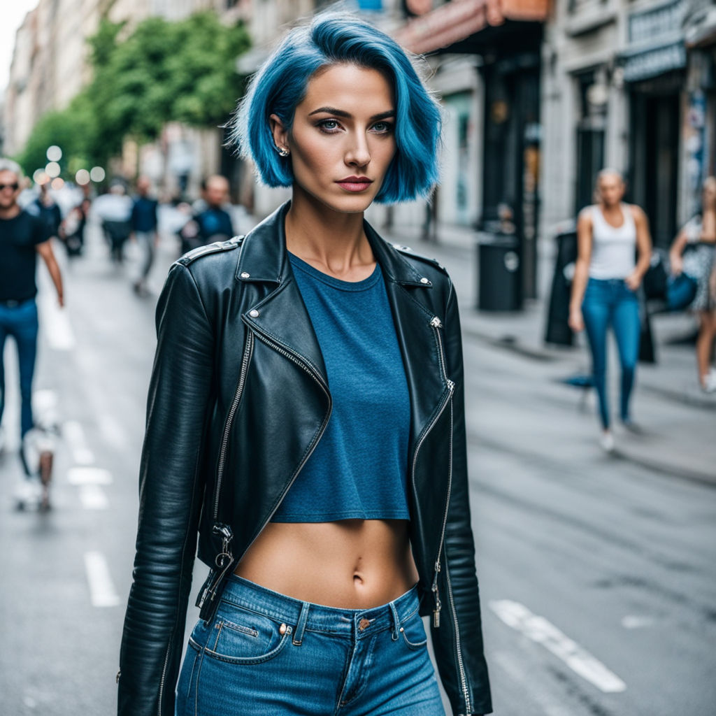 French woman with rock style. Short wavy intense blue hair and