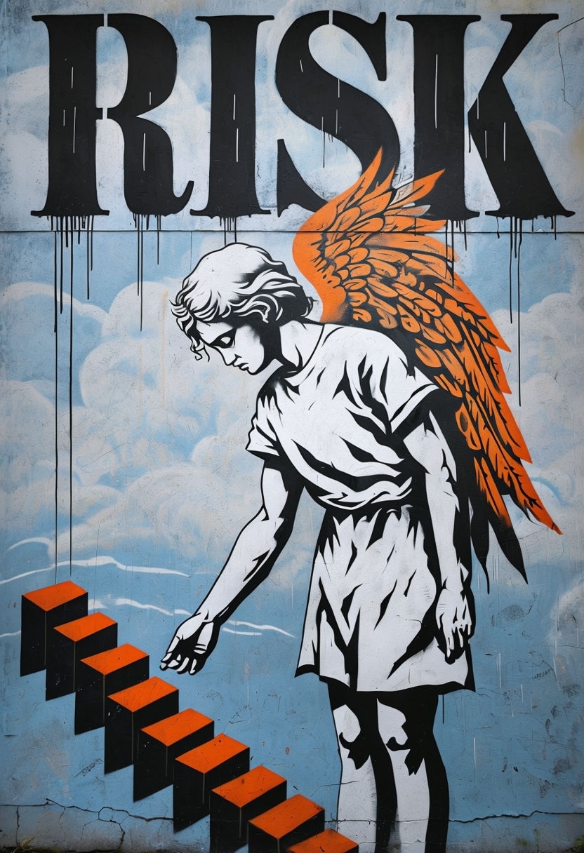 Stylized Angelic Mural with Bold RISK Text Urban Art Poster