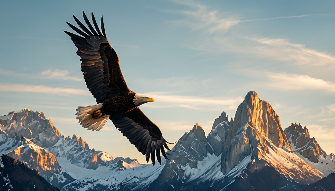 Majestic Bald Eagle in Flight Over Rugged Mountains Background