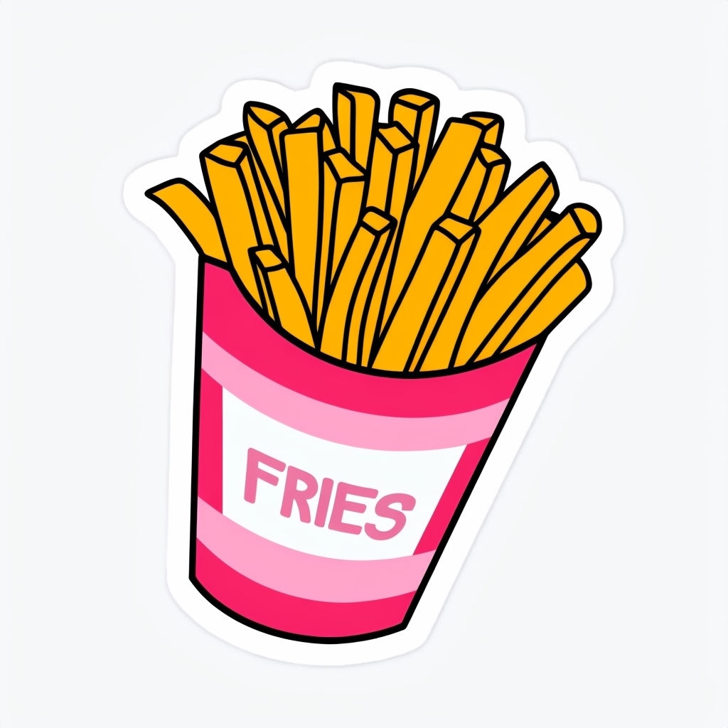 Vibrant Cartoon French Fries Sticker in Red and White Container